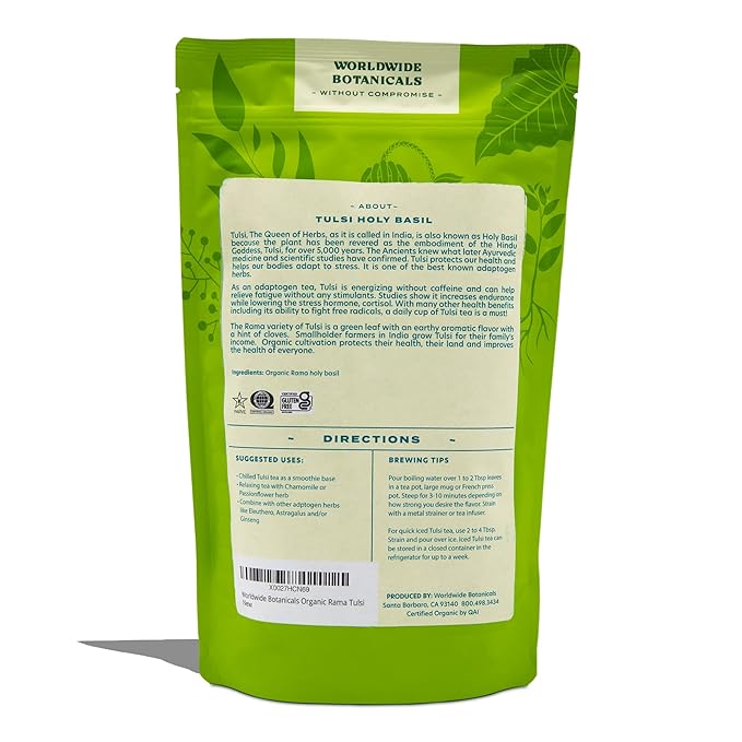 Worldwide Botanicals Organic Holy Basil Tea, 8oz - Tulsi Rama - Loose Leaf Premium Herbal Tea, 100% Pure Tulsi Holy Basil, Fair Trade, Adaptogenic, Kosher - Bloomnest