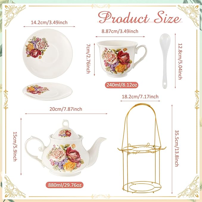 Zhehao 20 Pcs Porcelain Tea Set with Metal Holder and Spoon Adult Ceramic Tea Set European Flower Painting Teapot Cup Saucer Spoon for Women, Large Version(Styleish Style) - Bloomnest