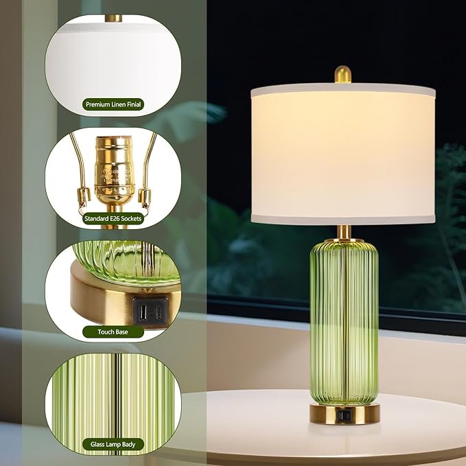 Table Lamps Set of 2 with Touch Control, 3-Way Dimmable Nightstand Lamp with Vertical Grained Glass, 27" Modern Glass Bedside Lamps with USB A+C Ports, Green Bedside Table Lamps, Desk Lamp for Bedroom - Bloomnest