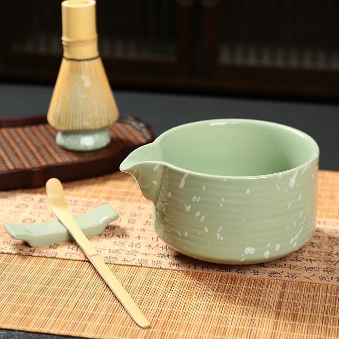 Matcha Bowl and Whisk Set, Ceramic Matcha Set Includes Matcha Bowl with Spout, Whisk & Holder, Bamboo Scoop, Stainless Sifter, Towel, Matcha Kit Making Tools,Light Green,7 PCS - Bloomnest