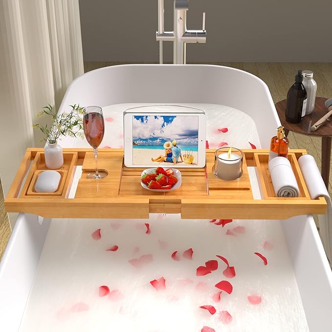 Artmalle Bathtub Caddy Tray for Tub,Foldable Bamboo Bath Table Tray with Book and Wine Glass Holder, Free Soap Dish Suitable for Luxury Spa or Reading,Natural - Bloomnest