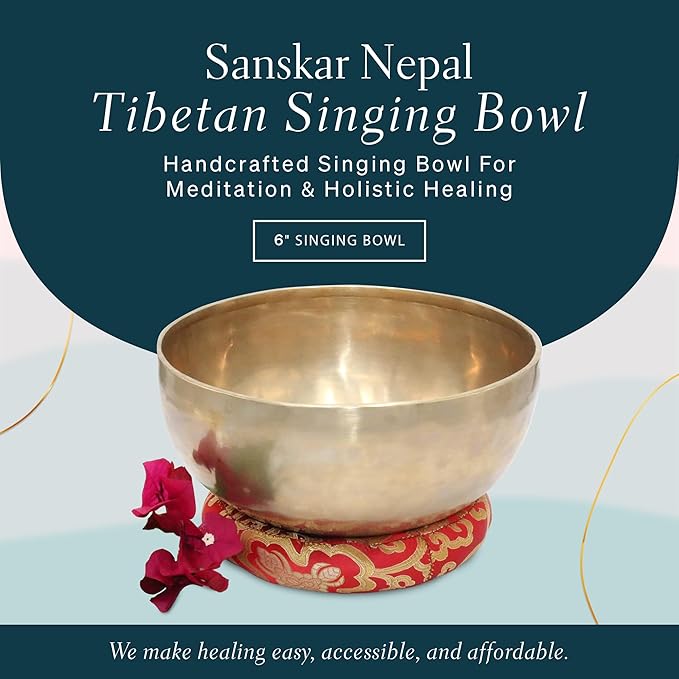 Tibetan Singing Bowl, Handcrafted Singing Bowl for Meditation, Prayer & Holistic Healing, Yoga Accessories, 6” Sound Bowl with Wooden Striker, Artisanal Pouch & Cushion - Bloomnest