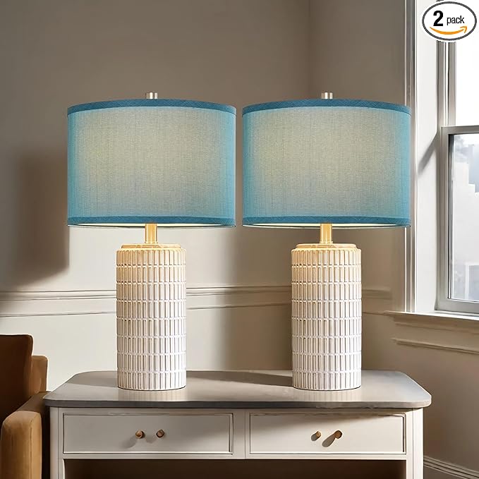 23" Modern Ceramic Nightstand Table Lamps Set of 2, Nautical Lamps for Bedroom Bedside, Side Table Lamps for Living Room, Dining Room, Office, 2 LED Bulbs Included (Blue) - Bloomnest