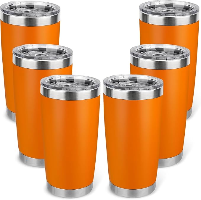 20oz Stainless Steel Tumbler Bulk with Lid, Travel Mug - Double Wall Vacuum Powder Coated Cup - Orange, 6 Pack - Bloomnest