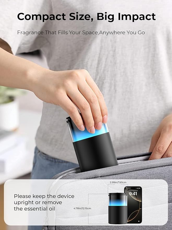 Waterless Diffuser for Essential Oil: Mini Battery Scent Diffuser for Room&Home&Car with 9 Colors LED Light - Aroma Cool Mist Machine Purple Black - Bloomnest