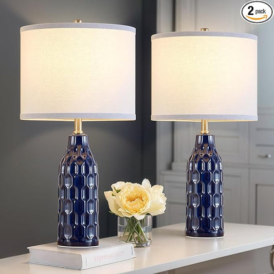 Luvkczc 24.8" Ceramic Table Lamps Set of 2 for Nightstand - 3 Color Temperature&Bulbs Included, Bedside Lamps for Living Room Bedroom Home Office Table Decor, Navy Blue - Bloomnest