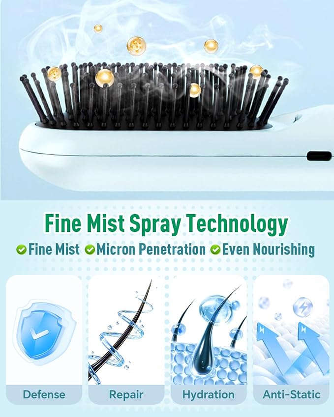 BONNET QUEEN 3-in-1 Electric Scalp Massager & Mist Hair Brush for Curly Hair, Deep Conditioning, Frizz Control, Stress-Relief, Home and Travel Hairbrush for Women, Green BonnetQueen