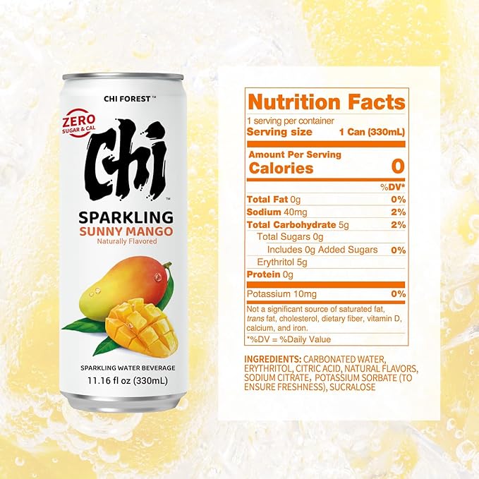 CHI FOREST Mango Sparkling Water Beverage, Zero Sugar Drinks, Zero Artificial Flavor, 11.16 fl oz Cans (Pack of 24) - Bloomnest
