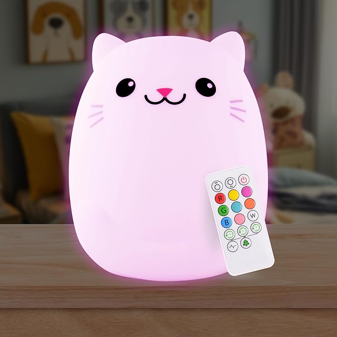 Lumipets Clive The Cat Squishy Silicone Night Light for Kids | Cute Night Light with Remote & Touch Control for Baby & Toddler Bedrooms | Color Changing Portable Animal Nightlight | Kids Mood Lamp - Bloomnest