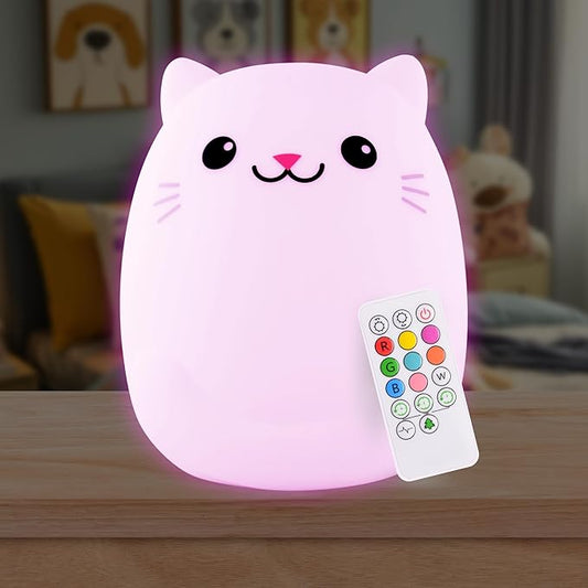 Lumipets Clive The Cat Squishy Silicone Night Light for Kids | Cute Night Light with Remote & Touch Control for Baby & Toddler Bedrooms | Color Changing Portable Animal Nightlight | Kids Mood Lamp - Bloomnest