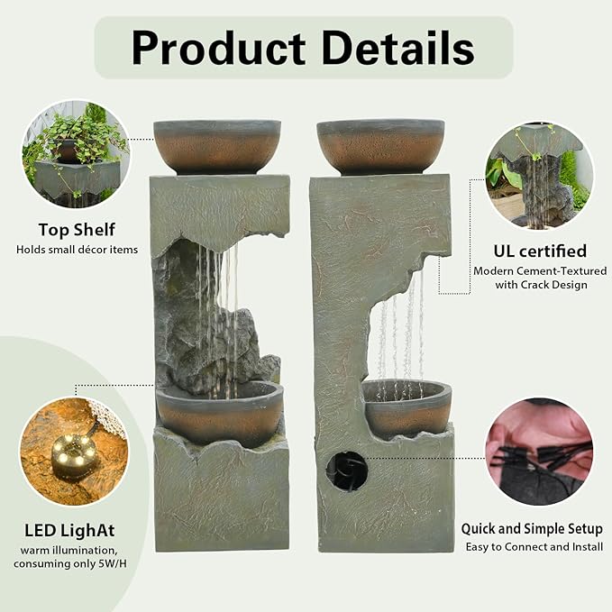 37.4''H 2-Tiered Rainfall Bowl Garden Water Fountain with LED Lights and Pebbles, Modern Crackled Stone Feature Waterfall for Porch, Deck, Yard, Patio, and Home Décor - Bloomnest