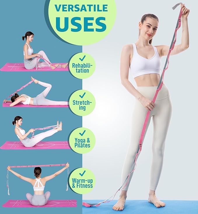 HiRui Stretching Strap Yoga Strap with Door Anchor, 14-Loops Non-Elastic Stretch Straps for Physical Therapy, Pilates, Dance, Gymnastics | Stretch Band with Workout Guide for Women & Men - Bloomnest