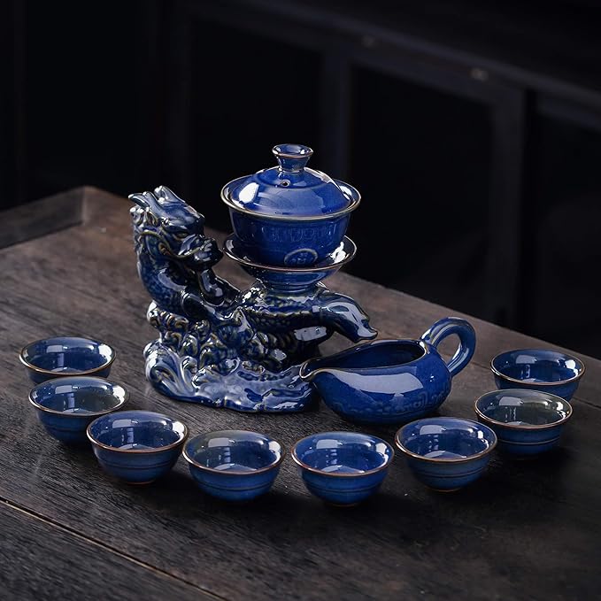 Semi Automatic Tea Set Ceramic Teapot with Infuser Magic Teapot with 8 cups (Dark Blue Dragon-B) - Bloomnest