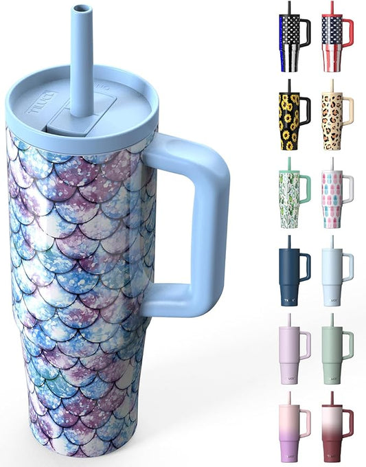 TILUCK 30 oz Tumbler with Handle, Vacuum Insulated Stainless Steel Travel Mug with 100% Leak-Proof Silicone Straw Lid, Cupholder Friendly Water Bottle(FishScales, 30oz)