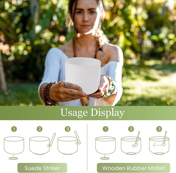 432HZ 7 Inchs Frosted Crystal Singing Bowl Set for Meditation Healing Yoga Chakra Quartz Crystal Sound Bowls with Heavy Duty Carry Case and Rubber Mallet,Suede Striker,O-rings - Bloomnest