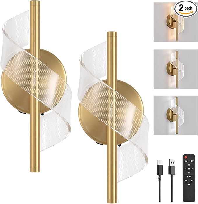 Cordless Wall Sconces Set of 2, Helical Wireless Rechargeable Battery Wall Light with Remote Control Dimmable. Portable Lighting for Wall Painting, Living Room, Bedroom, Night Light. 11.8''Gold - Bloomnest