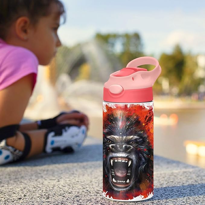 King Kong Furious Kids Insulated Water Bottle, Toddlers Tumbler Travel Cup with Straw & Handle Stainless Steel Cup for Travel School Girls 12 oz - Bloomnest
