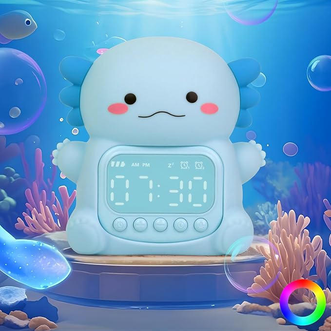 Axolotl Alarm Clock with Night Light for Kids, Rechargeable Silicone Lamp Time to Wake Clock Cute Animal Tabletop Lamp, Perfect Sleep Companion for Boys Girls, Blue - Bloomnest