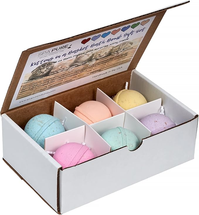 Spa Pure Kittens in Basket: 6 Adorable Kittens Hiding Inside Each Colorful Bath Bomb, XL 5 oz Each (6 Count) Pack of 1, Multicolor - Bloomnest