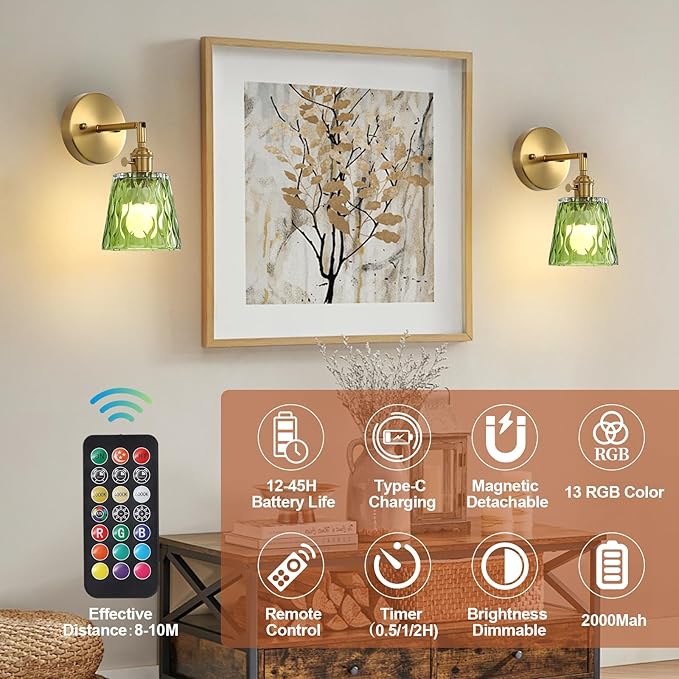 2 Pack Vintage Battery Operated Wall Sconces with Green Glass Shade, Wireless Rechargeable RGB Wall Light, Remote Control & 180 Degree Adjustable, for Bedroom Living Room Hallway Aisle - Bloomnest