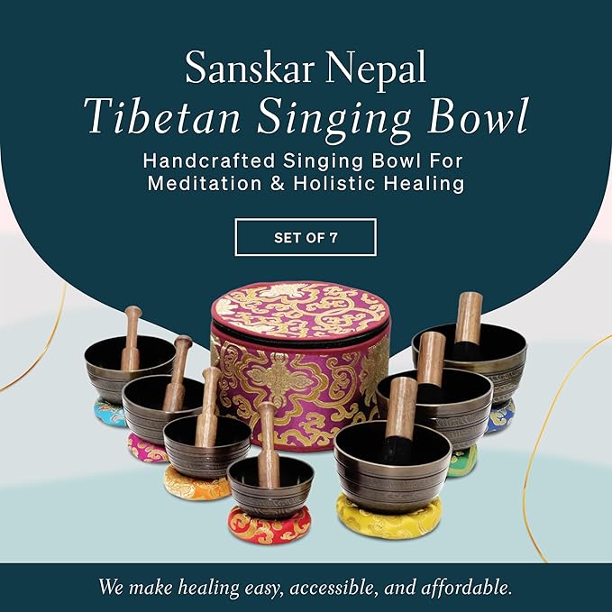 Tibetan Singing Bowl Set of 7, Handcrafted Singing Bowl for Meditation & Holistic Healing, Yoga Accessories, 3-5” Black Singing Bowls with Wooden Striker, Cushion & Purple Carry Box - Bloomnest