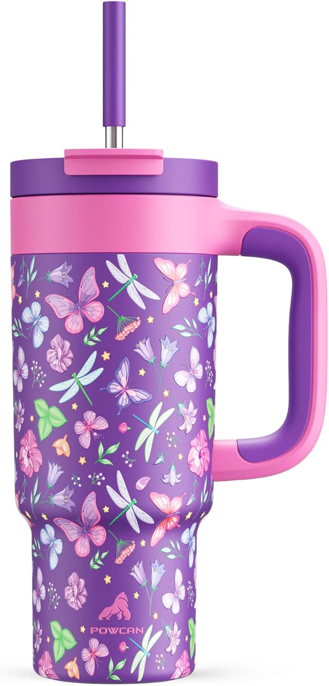 24 oz Insulated Tumbler for Kids: Spill-Proof, 2-in-1 Straw Lid, Cold for 26 Hrs, Stainless Steel Cup with Handle for School, Camping, Gift, Daily, Outdoor, Trip, Travel, Vacation (Butterfly Field) - Bloomnest