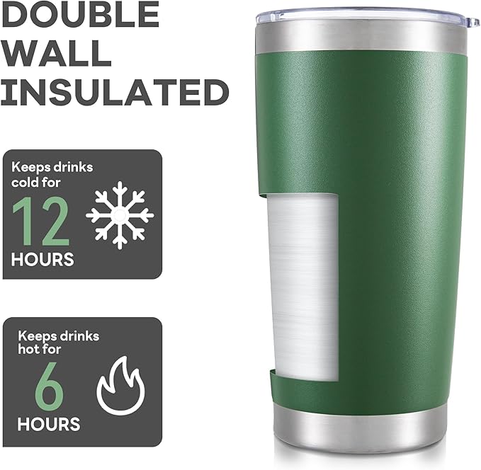 20 oz Tumbler with Lid Stainless Steel Double Wall Vacuum Insulated Tumblers Powder Coated Cups Travel Mug Keep Drinks Cold and Hot, Dark Green - Bloomnest