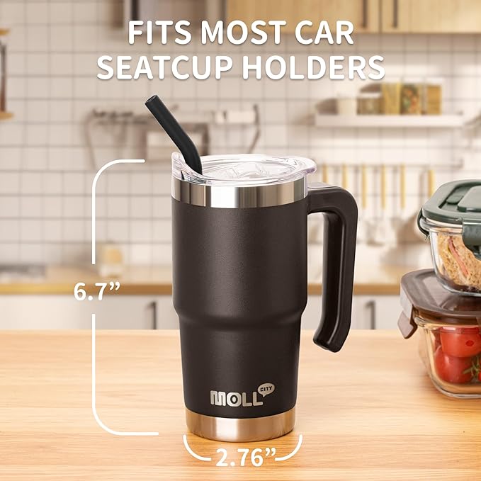 Travel Coffee Mug with Handle-16 oz Stainless Steel Vacuum Insulated Tumbler with Lid and Straw-Reusable Metal Cup with Silicone Pad, Leak Proof-BPA Free (Black) - Bloomnest