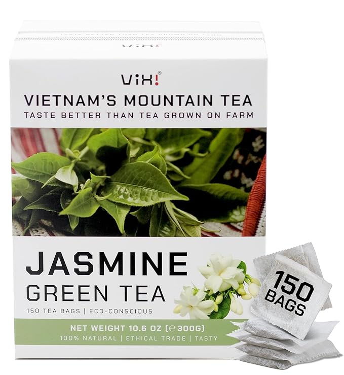 VIXI Jasmine Green Tea Bags, 150 Counts, Vietnam's Mountain Tea, Flavored, Aroma, Tagless, Sugar Free, 100% Natural from Ancient Tea Tree for Hot and Cold Brew - Bloomnest