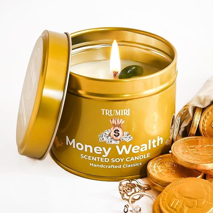 Money Wealth - Crystal Candles for Home Scented - 5oz Soy Wax Natural Clean Organic Non Toxic with Essential Oils - for Real Cash Luck Manifestation Aromatherapy Gift Bathroom - Long Lasting Candel TRUMIRI