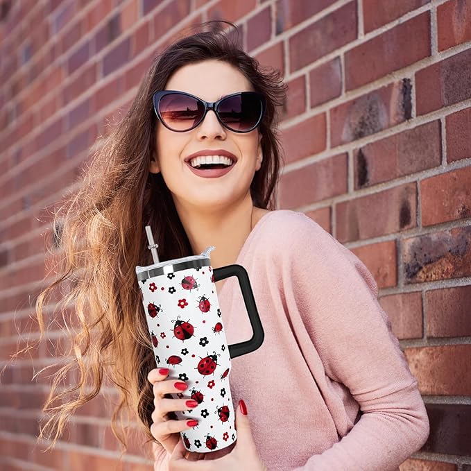 Ceovfoi 40 Oz Ladybug Tumbler With Handle - Coffee Travel Mug Cup Water Bottle, Strawberry Decor - Gifts for Women - Bloomnest