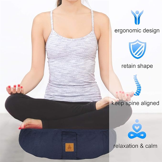 Round Zafu Meditation Cushion D=16" H=5.5" Zabuton Meditation Pillow Yoga Bolster Yoga Pillow Floor seat Zippered Organic Cotton Cover Natural Buckwheat kneeling pillow-Large - Bloomnest