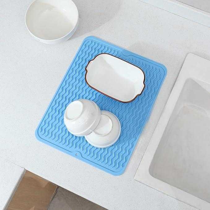 Silicone Dish Drying Mat for Multiple Usage,Easy clean,Eco-friendly,Heat-resistant Silicone Mat for Kitchen Counter or Sink,Refrigerator or drawer liner Light Blue L 16 inches x 12 inches - Bloomnest