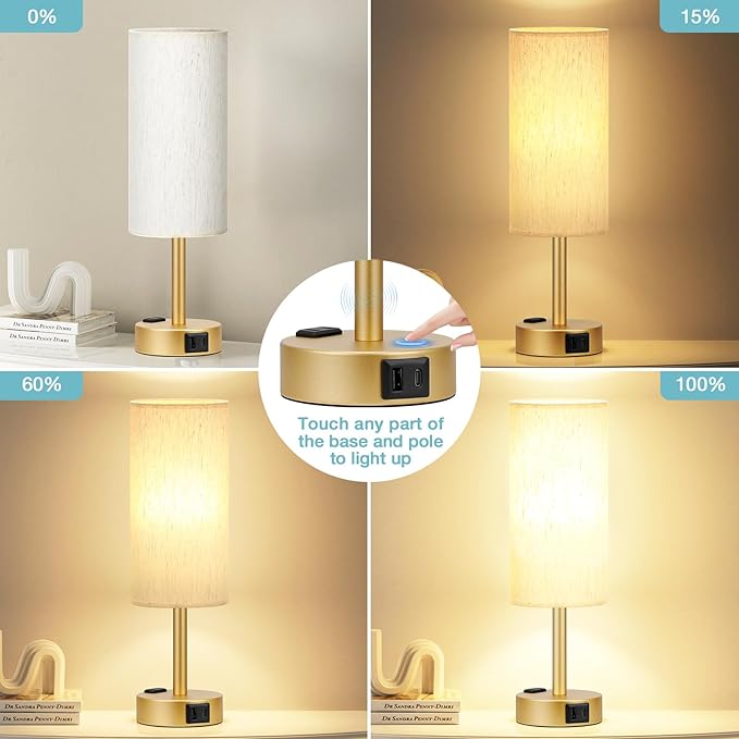 Fenmzee Gold Nightstand Bedroom Lamp - 3 Way Dimmable Bedside Lamp USB C A Charging Ports and AC Outlet, Small Table Lamp Linen Lampshade for Office Desk, LED Bulb Included - Bloomnest