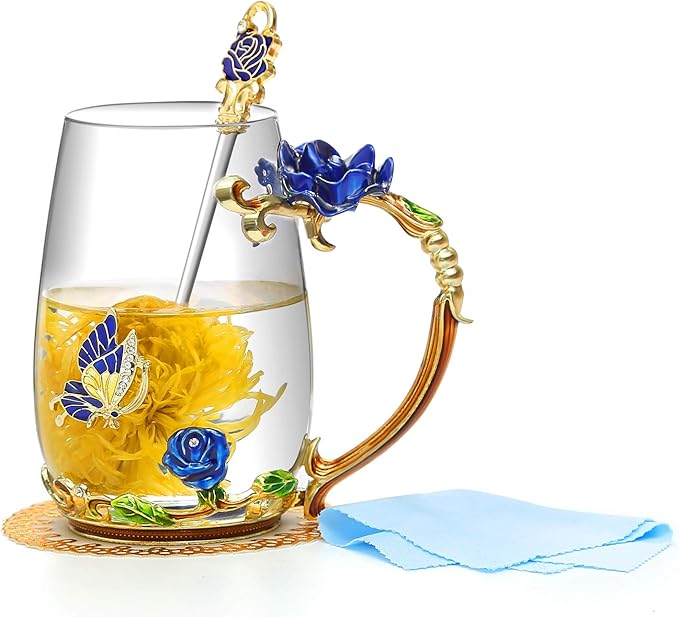 Luka Tech Enamels Butterfly flower Lead-free Glass Coffee Mugs Tea Cup with Steel Spoon, personalised Gifts For Women Wife Mom Friends Birthday Mothers Valentines Day Wedding (Blue-Tall) - Bloomnest