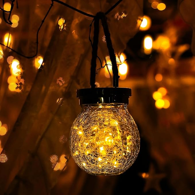 Cooo 4 Pack Heavy Crackle Glass Solar Lantern with 30 LED Firefly Lights– Waterproof Outdoor Hanging Lamp 215% Larger Solar Panel, Stainless Steel Lid Decorative Lighting for Garden Patio Table - Bloomnest