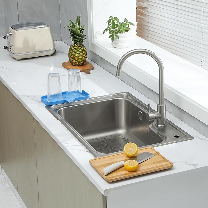 Silicone Bathroom Soap Dishes with Drain Spout Bathroom and Kitchen Sink Organizer,Sponge Holder,Dish Soap Tray,Perfect for Dispenser,Scrubber,Bottle,Cup on Counter Lichen Blue 9.6"×5.3" - Bloomnest