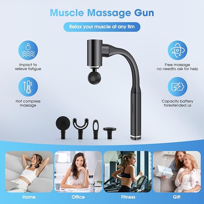 Massage Gun with Upgraded Extension Handle, Back and Neck Massage for Pain Relief, 12MM Portable Muscle Pain Relief for Back, Neck, Waist, 4 Massage Heads & 5 Speed Levels - Bloomnest