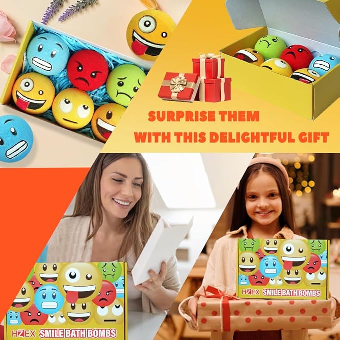 Large Emotion Face Bath Bombs Set of 6 – Fun Emoji-Inspired Spa Fizzies – Handmade with Shea Butter, Cocoa Butter & Essential Oils – Moisturizing Gift Set for Women, Men & Kids - Bloomnest