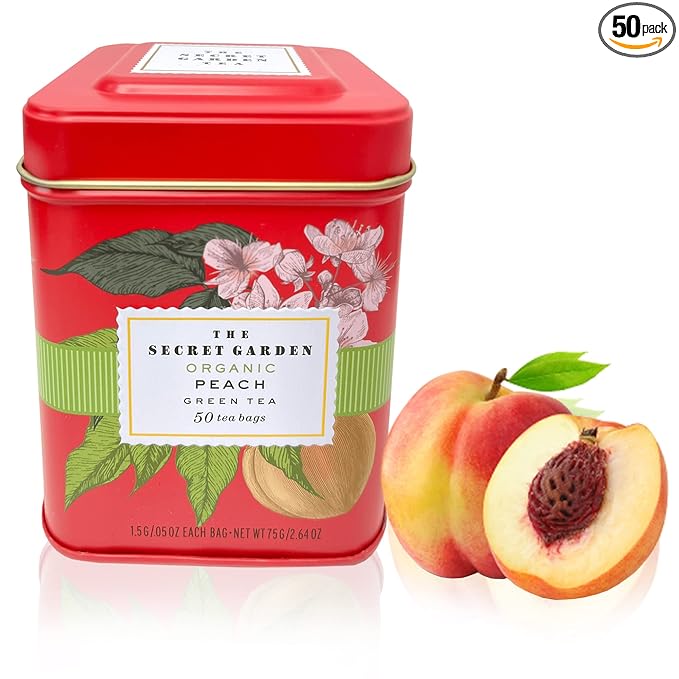 Organic Peach Ceylon Green Tea - 50 Packets - Natural Antioxidant Rich Herbal Leaf Teabags - USDA Certified 100% Non-GMO - Caffeinated Designer Gift Tin - Bloomnest