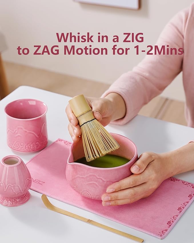 ZENS 7pcs Matcha Set, Matcha Whisk Set Includes Pink Bowl and Cup for Bamboo Whisk, (Chasen Holder), Scoop, 304 Sifter and Tea Mat, Pink Matcha Kit for Matcha Lovers - Bloomnest