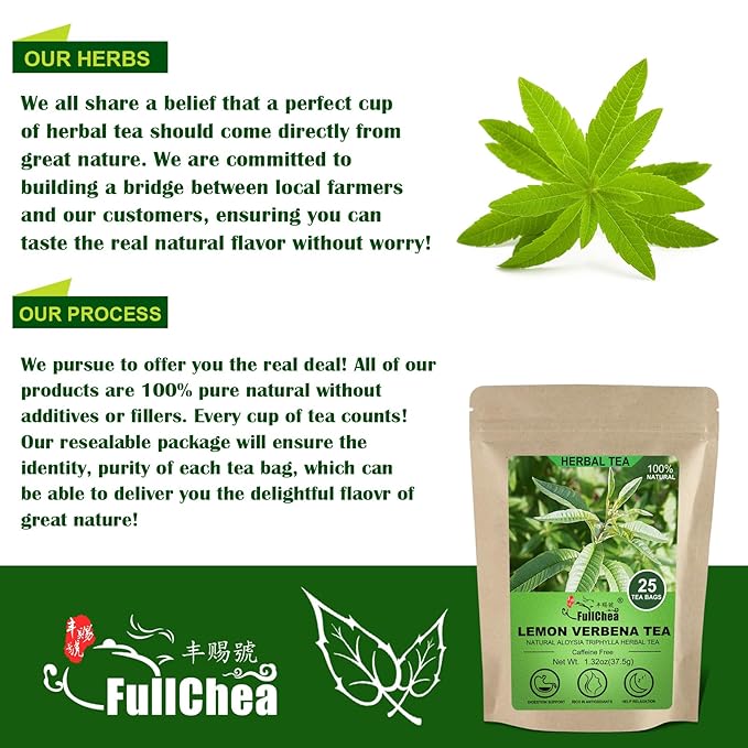 FullChea - Lemon Verbena Tea, 1.5g X 25 Count - Premium Lemon Tea For Digestion Support & Relaxation - Non-GMO - Caffeine-free - Natural Cut & Sifted Cedron Herb - Bloomnest