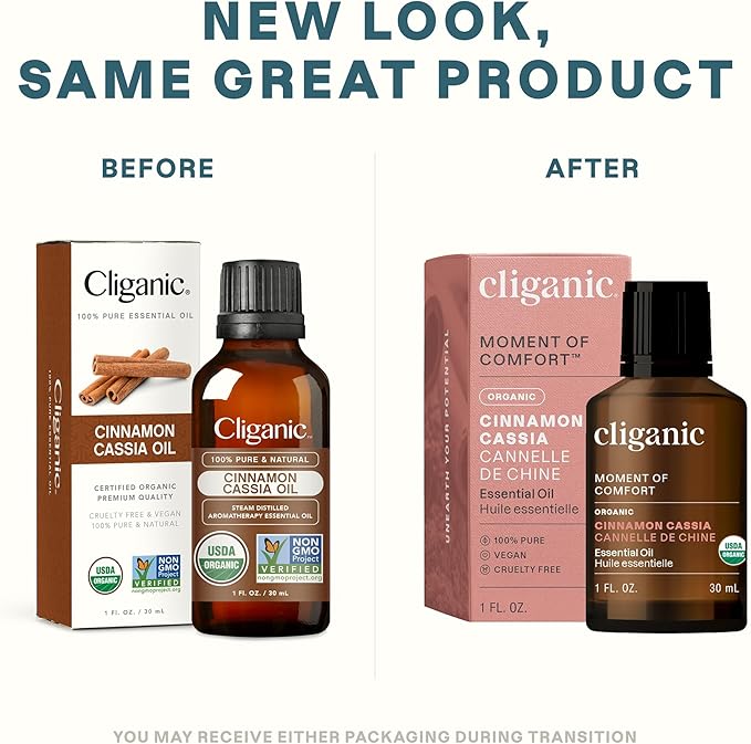 Cliganic Organic Cinnamon Cassia Essential Oil, 1oz - 100% Pure Natural Undiluted, for Aromatherapy | Non-GMO Verified (Packaging May Vary) Cliganic