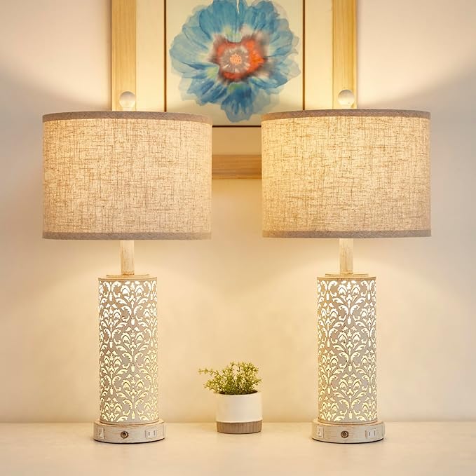 26" Set of 2 Farmhouse Table Lamp, 3-Way Dimmable Touch Control with Nightlight, 2 USB Ports + AC Outlet Vintage Rustic Bedside Lamp for Living Room Bedroom and Nightstand (White-2 Pack) - Bloomnest