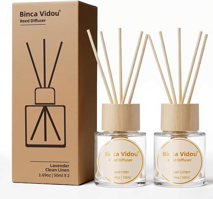 Binca Vidou Reed Diffuser Set Lavender & Linen Natural Scent Theme Oil Diffusers with Sticks for Home Office Bathroom Aromatherapy Decor 1.69oz x 2 - Bloomnest