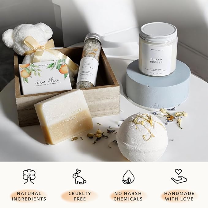 Natural Amor Handmade Spa Gifts for Women, Relaxing 5pcs Spa Gift Set for Women Including Citrus Handmade Soap Bar, Soy Candle, Bath Salt, Bath Bomb - Bloomnest