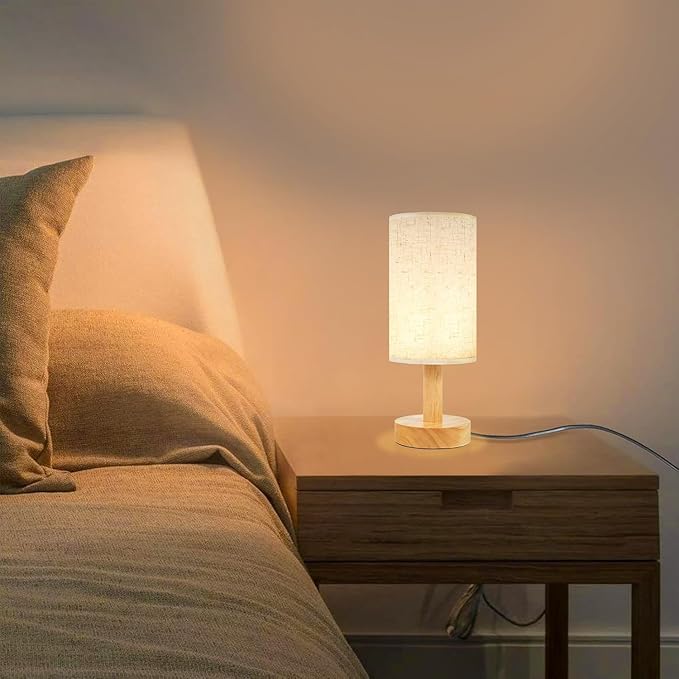 Small Bedside Table Lamps for Bedroom Set of 2,Natural Round Wood Base&Fabric Linen Shade,Cozy Night Light for Study Reading,Minimalist Boho Desk Lamp for Nightstand,Living Room,Nursery,Kitchen,Dorm - Bloomnest