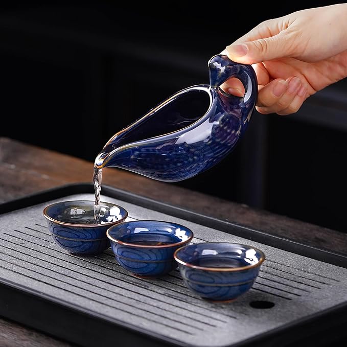 Semi Automatic Tea Set Ceramic Teapot with Infuser Magic Teapot with 8 cups (Dark Blue Dragon-D) - Bloomnest