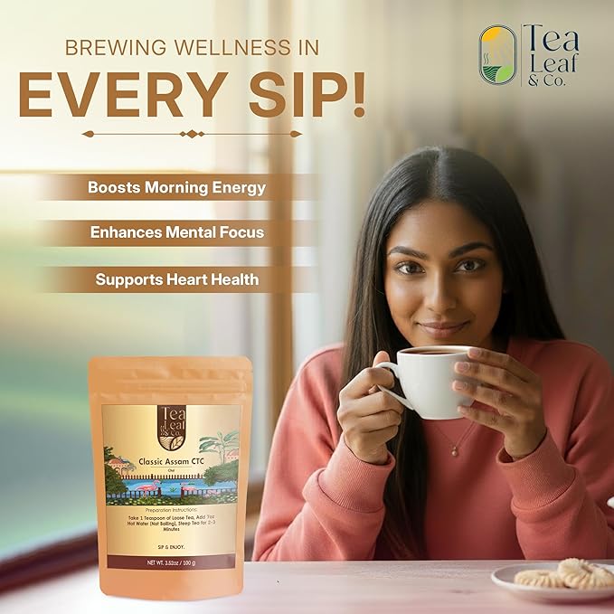Tealeaf & Co. Classic Assam CTC Chai - 100% Pure Loose Leaf Black Tea - Low Caffeine Premium Tea - Upto 50 Servings (3.52oz/100gm) - Bloomnest