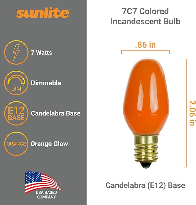 Sunlite 01270 7C7 Incandescent Bulb, 7 Watt, Candelabra E12 Base, C7 Small Night Light, Colored Bulb, Orange, 25 Count - Bloomnest